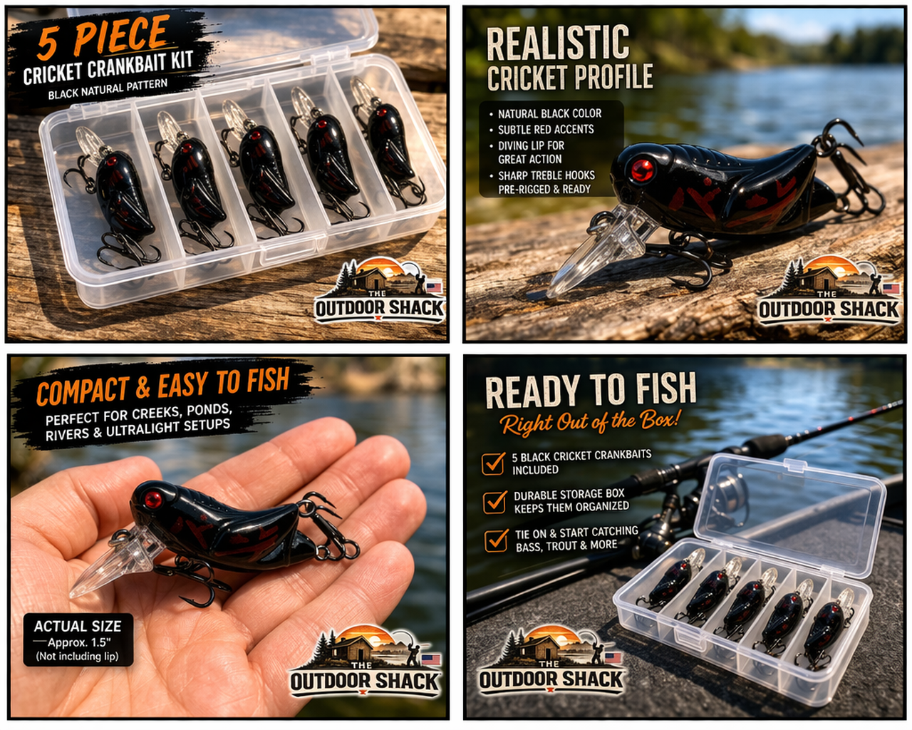 Cricket Crankbait Kit Black Natural Bug Lures Mini Fishing Set Bass Trout w/ Box