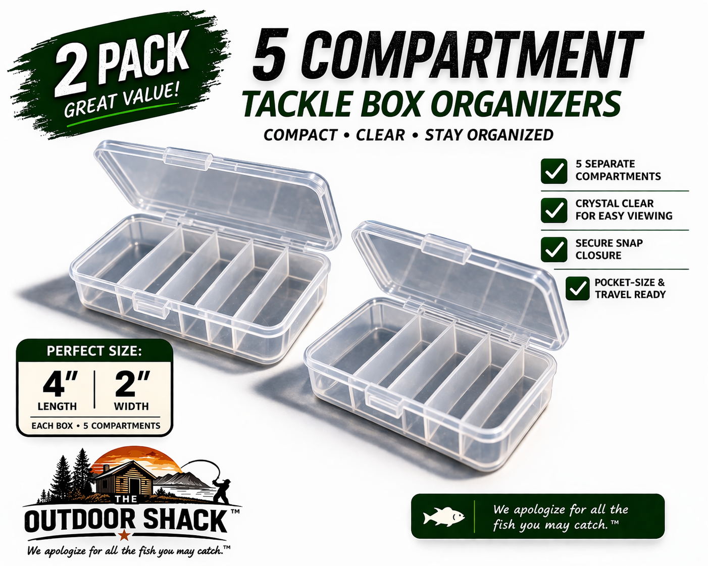 2 Pack Small Fishing Tackle Box Clear Organizer 5 Compartment Hook Jig Storage