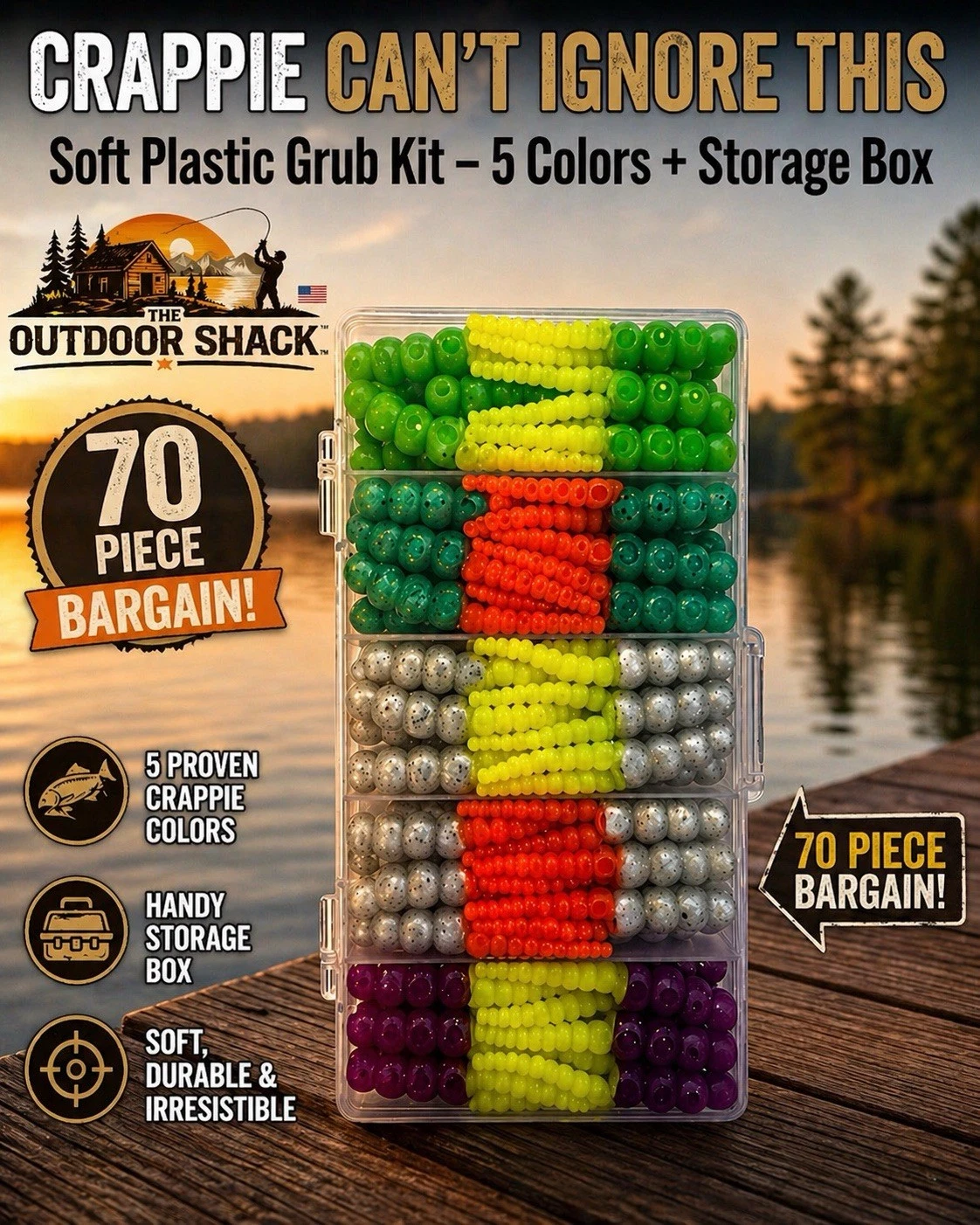 70pc Round Segment Crappie Grubs Kit Soft Plastic Panfish Bass Bait w/ Box