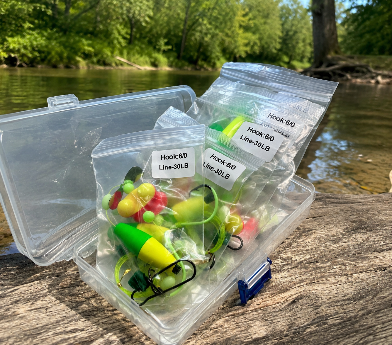 5 Catfish Pre-Tied Rigs Kit 6/0 Circle Hooks 30lb Line Floats Ready to Fish Tackle Box