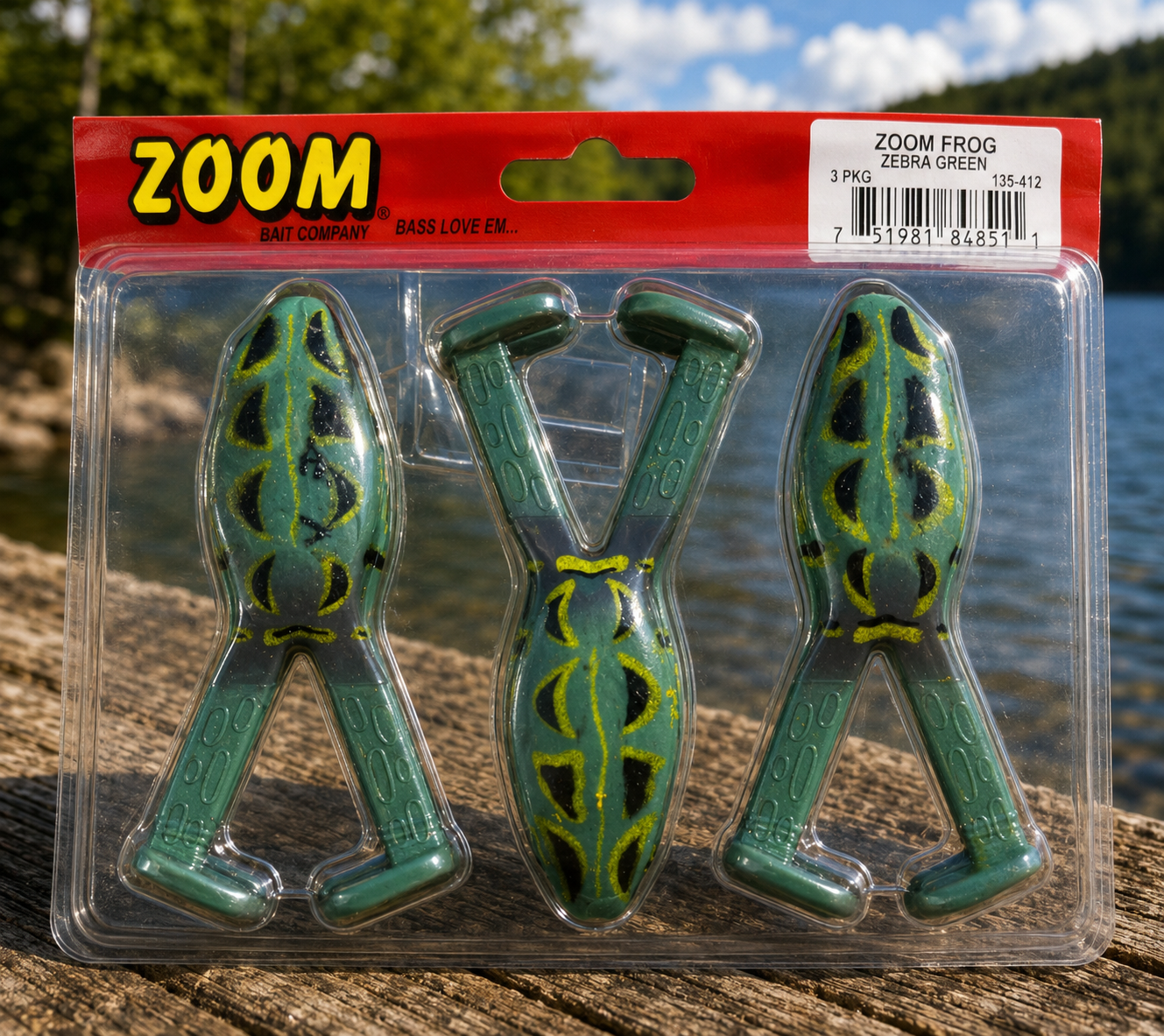 Zoom Frog Zebra Green 3 Pack Soft Hollow Body Frog Topwater Bass Fishing Lure 13
