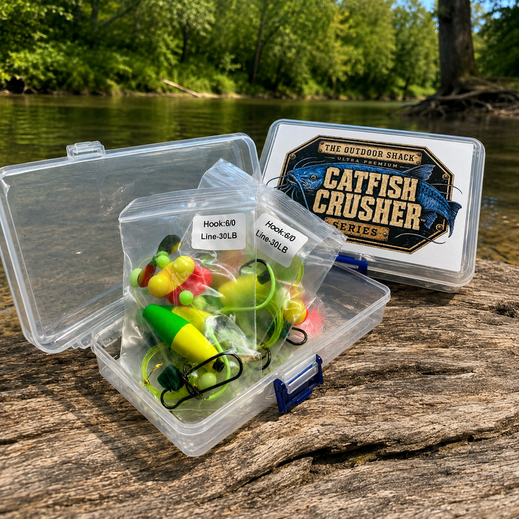 5 Catfish Pre-Tied Rigs Kit 6/0 Circle Hooks 30lb Line Floats Ready to Fish Tackle Box