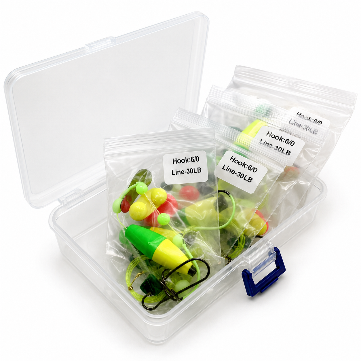 5 Catfish Pre-Tied Rigs Kit 6/0 Circle Hooks 30lb Line Floats Ready to Fish Tackle Box