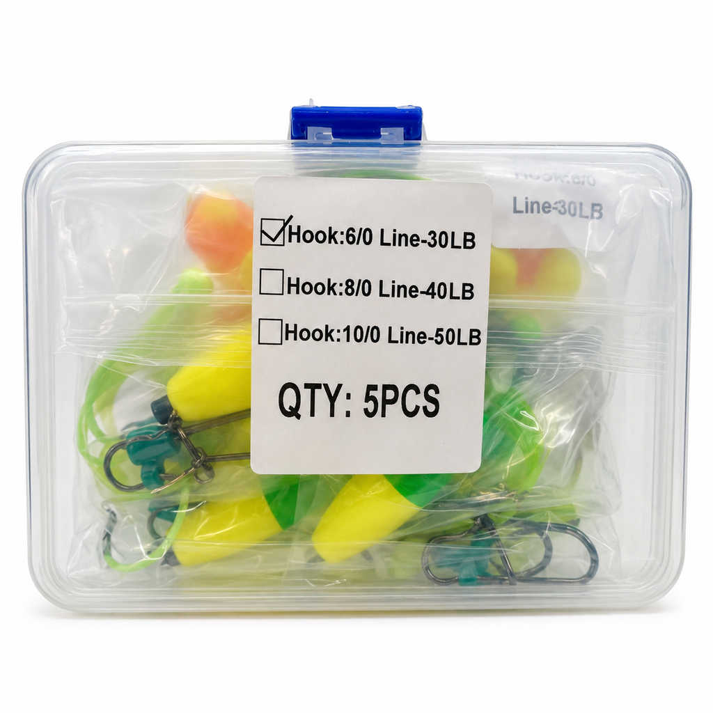 5 Catfish Pre-Tied Rigs Kit 6/0 Circle Hooks 30lb Line Floats Ready to Fish Tackle Box