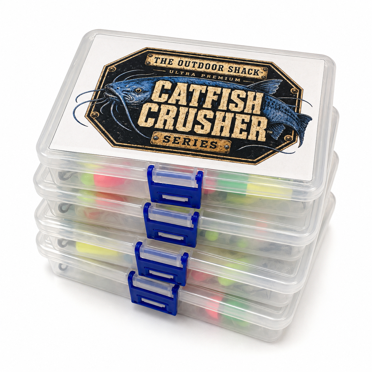 5 Catfish Pre-Tied Rigs Kit 6/0 Circle Hooks 30lb Line Floats Ready to Fish Tackle Box