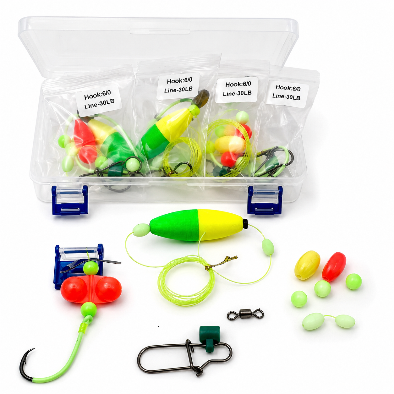 5 Catfish Pre-Tied Rigs Kit 6/0 Circle Hooks 30lb Line Floats Ready to Fish Tackle Box