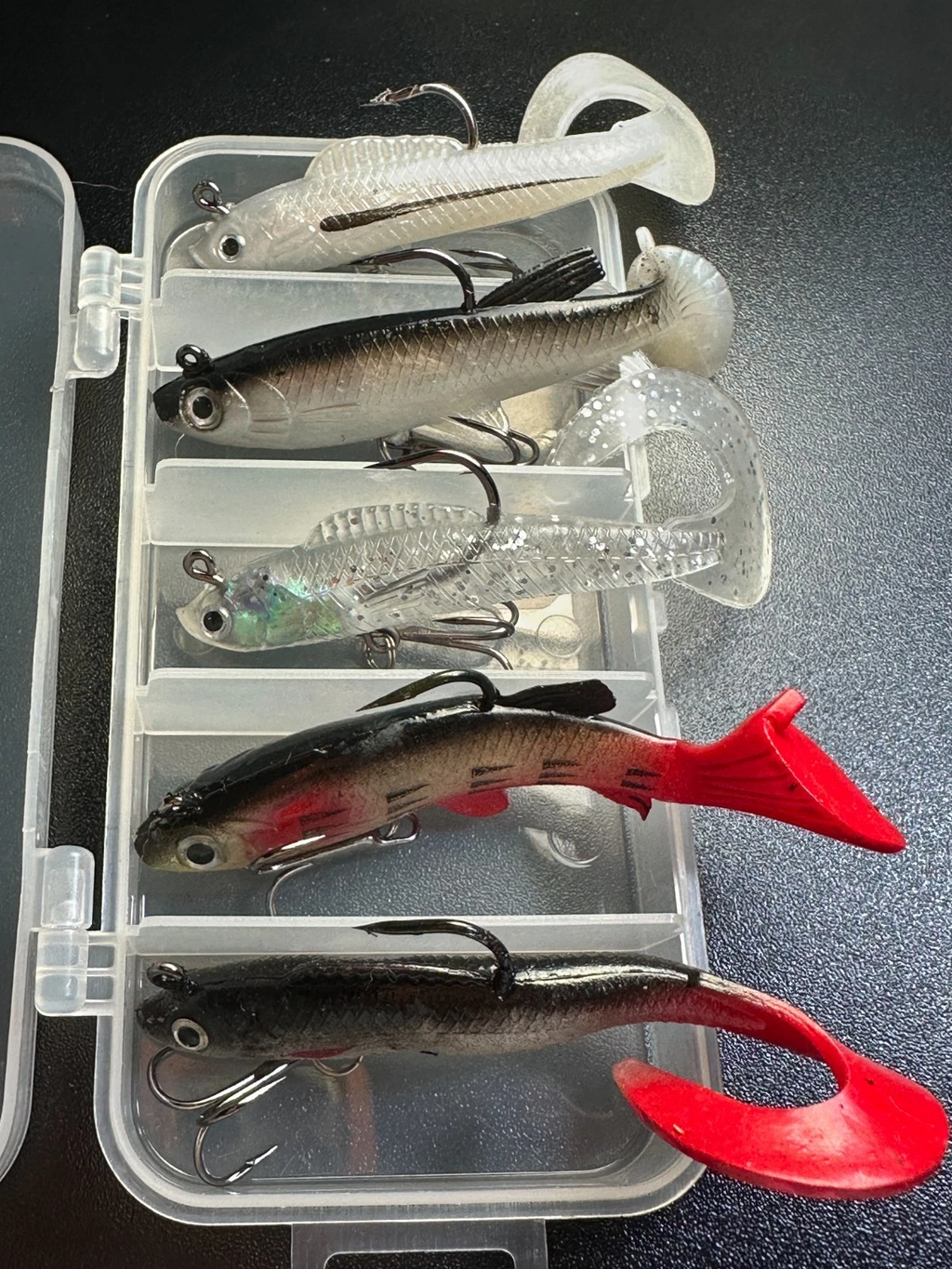 5pc Soft Plastic Fishing Lure Kit Paddle & Curly Tail Swimbaits w Hooks
