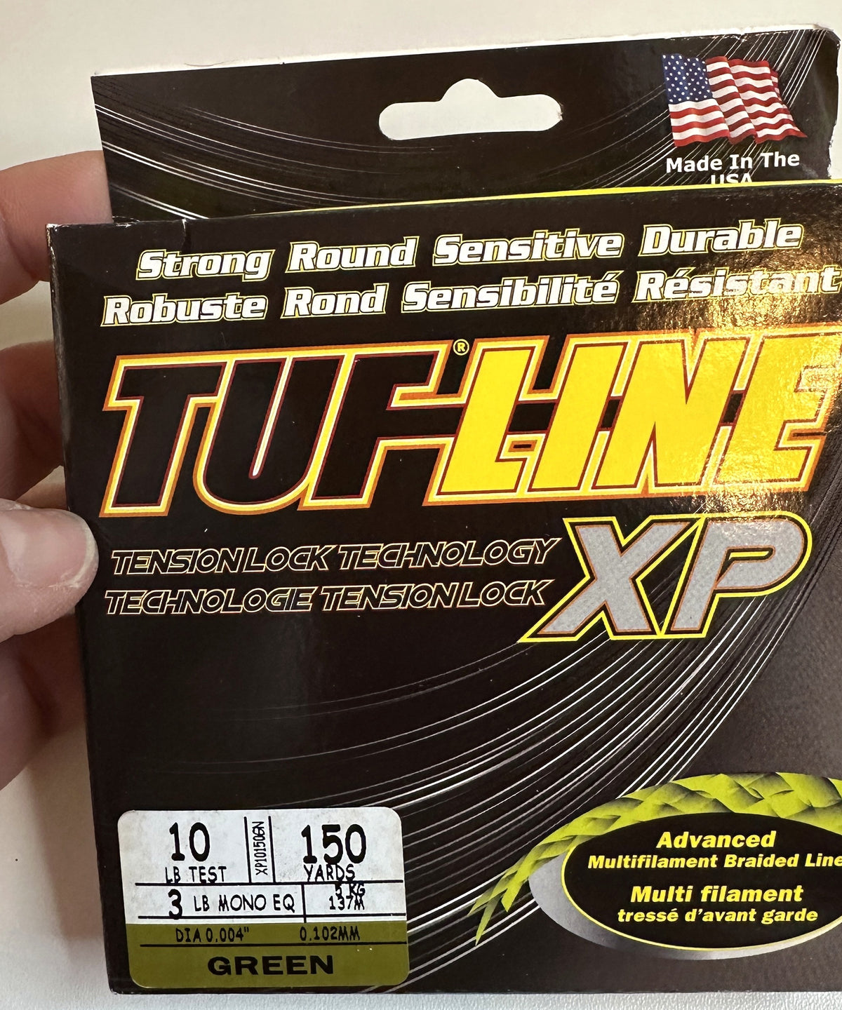 TUF-LINE XP Braided Fishing Line 10 lb Test 150 Yards Green — box front