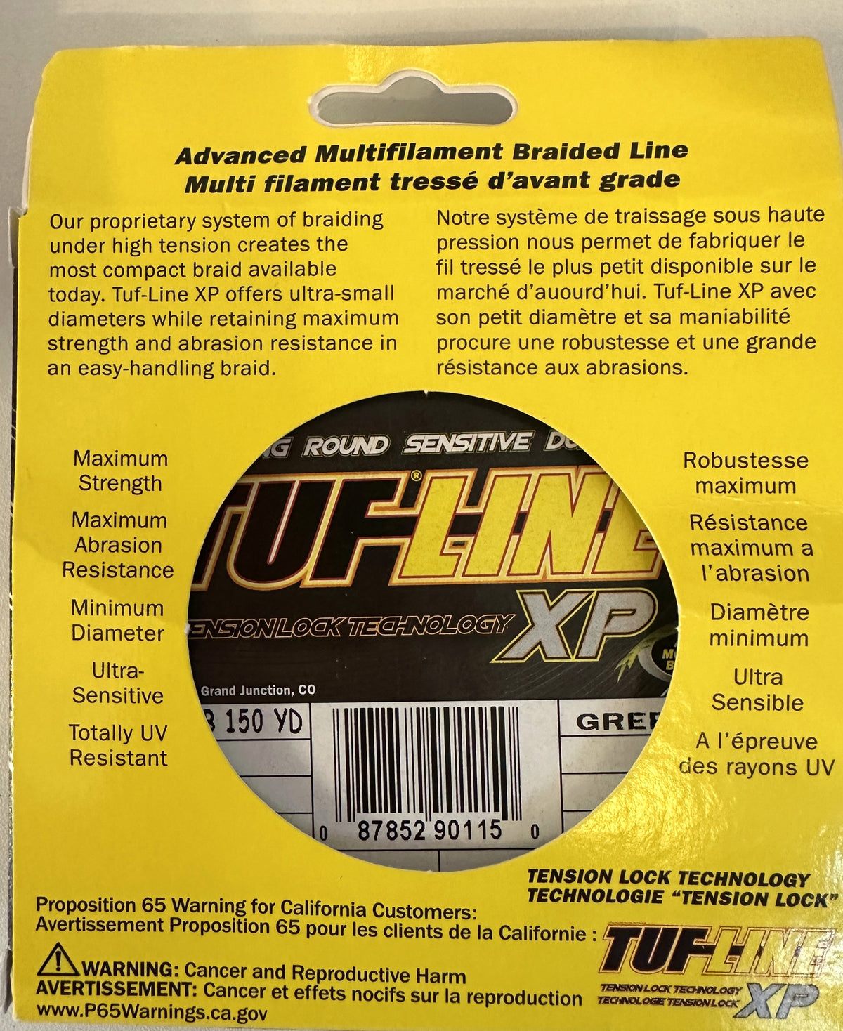 TUF-LINE XP Braided Fishing Line 10 lb Test 150 Yards Green — box back with Proposition 65 warning