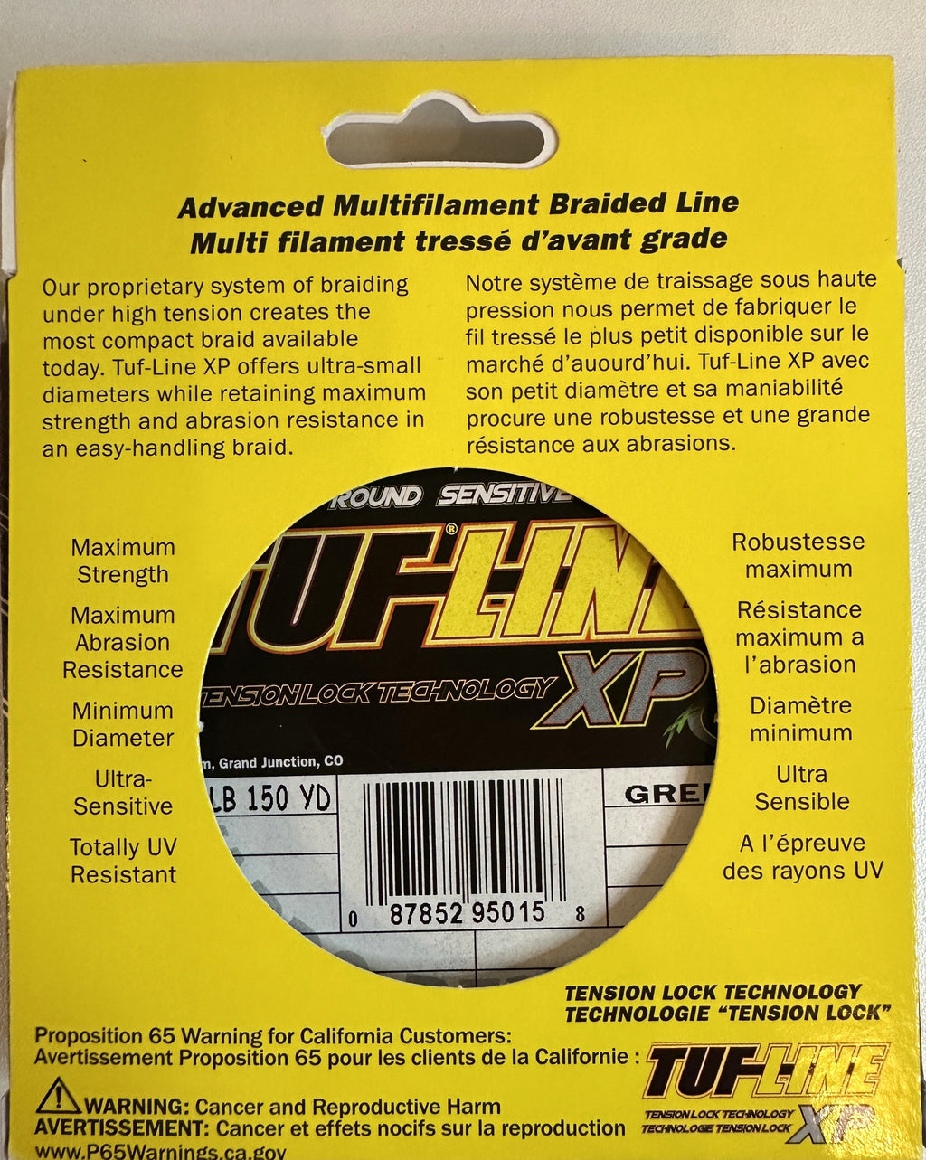 TUF-LINE XP Braided Fishing Line 50 lb Test 150 Yards Green — box back with Proposition 65 warning