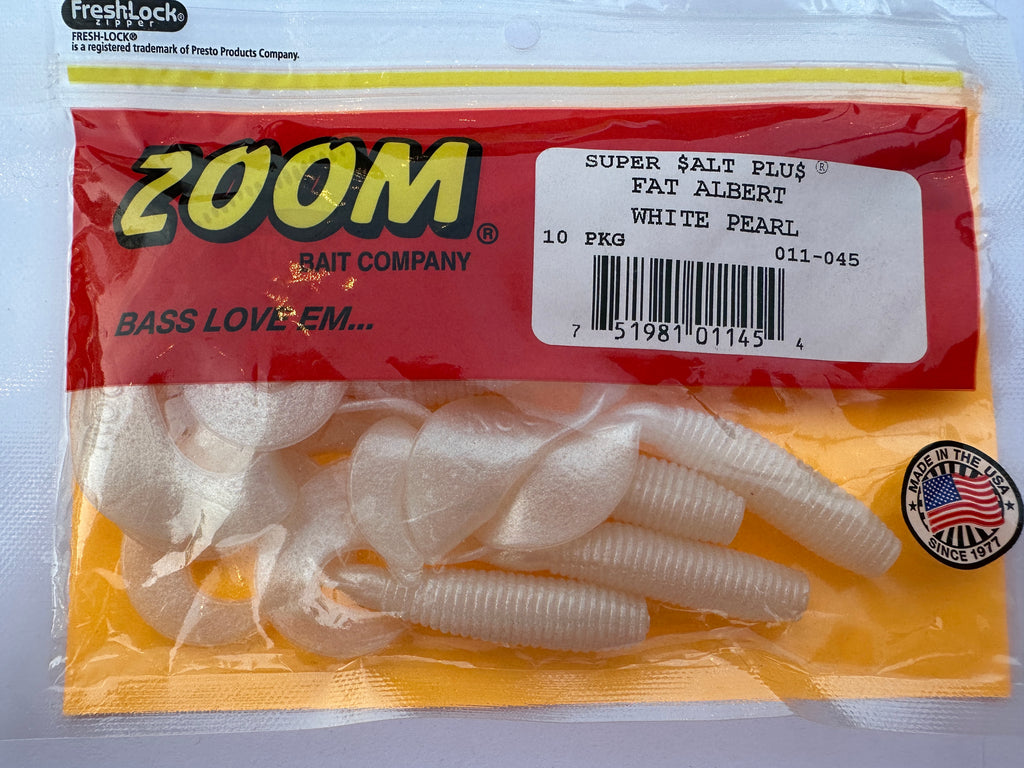 Zoom Super Salt Plus Fat Albert Grub White Pearl 4"10pk Soft Plastic Bass Lure