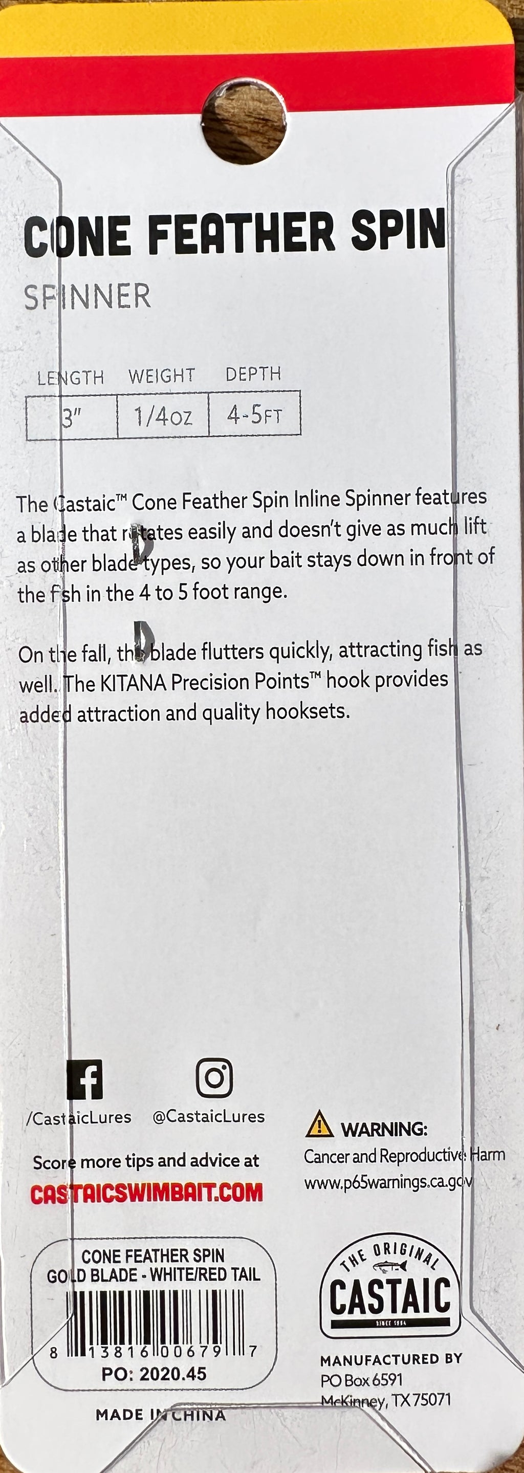 Castaic Cone Feather Spin Spinner 3" 1/4 oz Gold Blade White Red Tail NEW