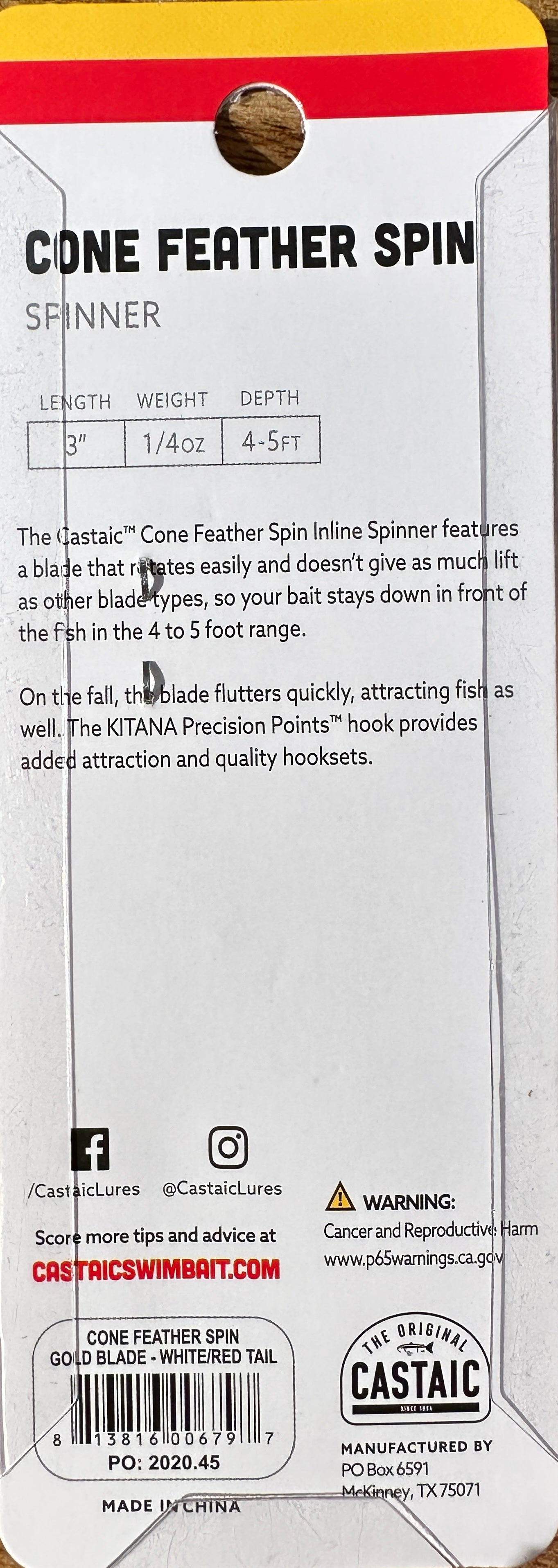 Castaic Cone Feather Spin Spinner 3" 1/4 oz Gold Blade White Red Tail NEW