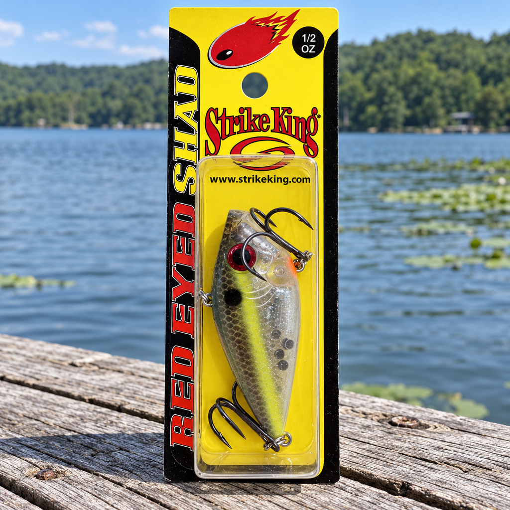 Strike King Red Eyed Shad 1/2 oz Clear Ghost Sexy Shad - Oscar hero, full package on dock
