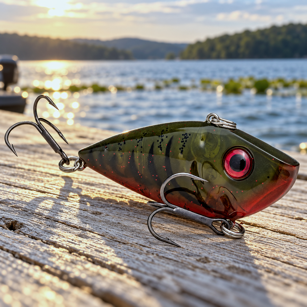 Strike King Red Eyed Shad 3/4 oz Phantom Watermelon Red Craw on a sunlit dock