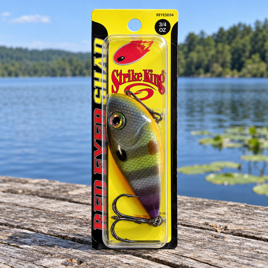 Strike King Red Eyed Shad Neon Bluegill retail package on a dock