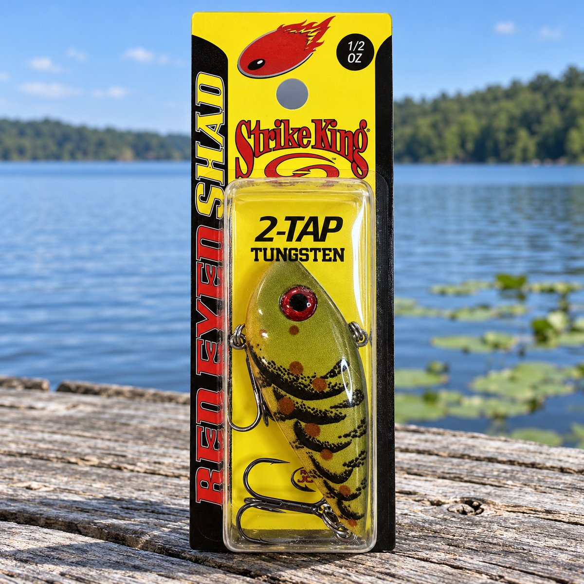 Strike King Red Eyed Shad Tungsten 2-Tap Green Pumpkin Craw - full retail package on dock