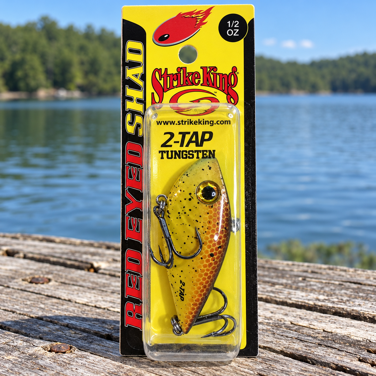 Strike King Red Eyed Shad Tungsten 2-Tap 1/2 oz Bully - full retail package on a dock