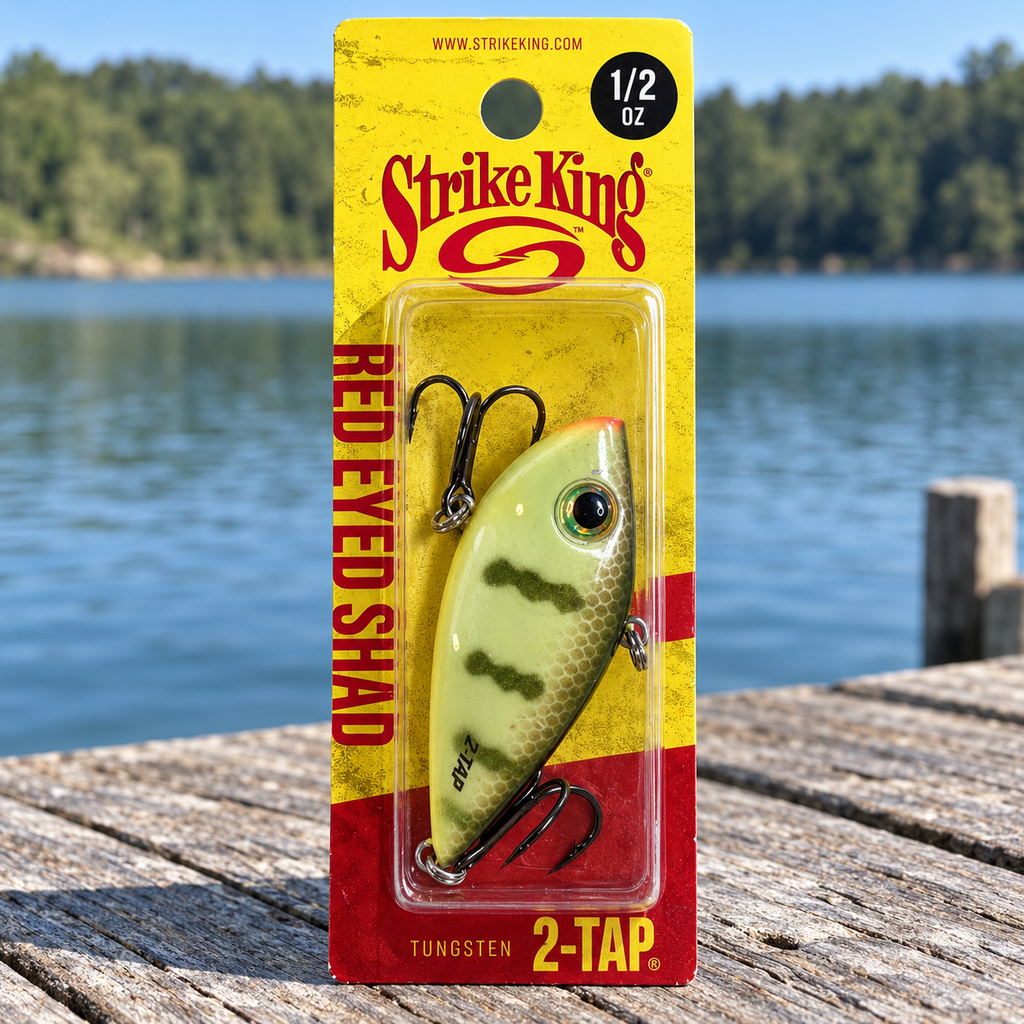 Strike King Red Eyed Shad Tungsten 2-Tap 1/2 oz Chartreuse Perch - full retail package on a dock