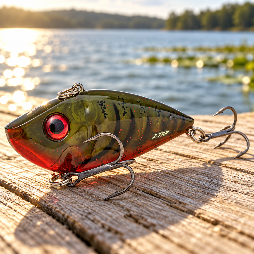 Strike King Red Eyed Shad Tungsten 2-Tap 3/4 oz Phantom Watermelon Red Craw on a sunlit dock