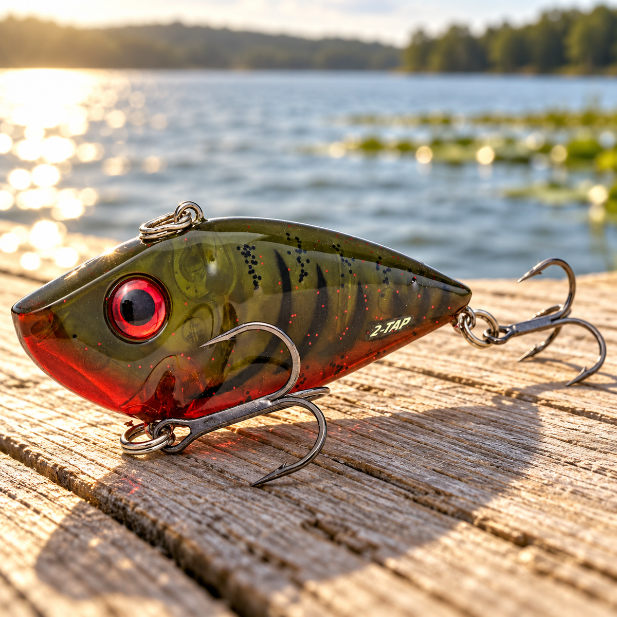 Strike King Red Eyed Shad Tungsten 2-Tap 3/4 oz Phantom Watermelon Red Craw on a sunlit dock