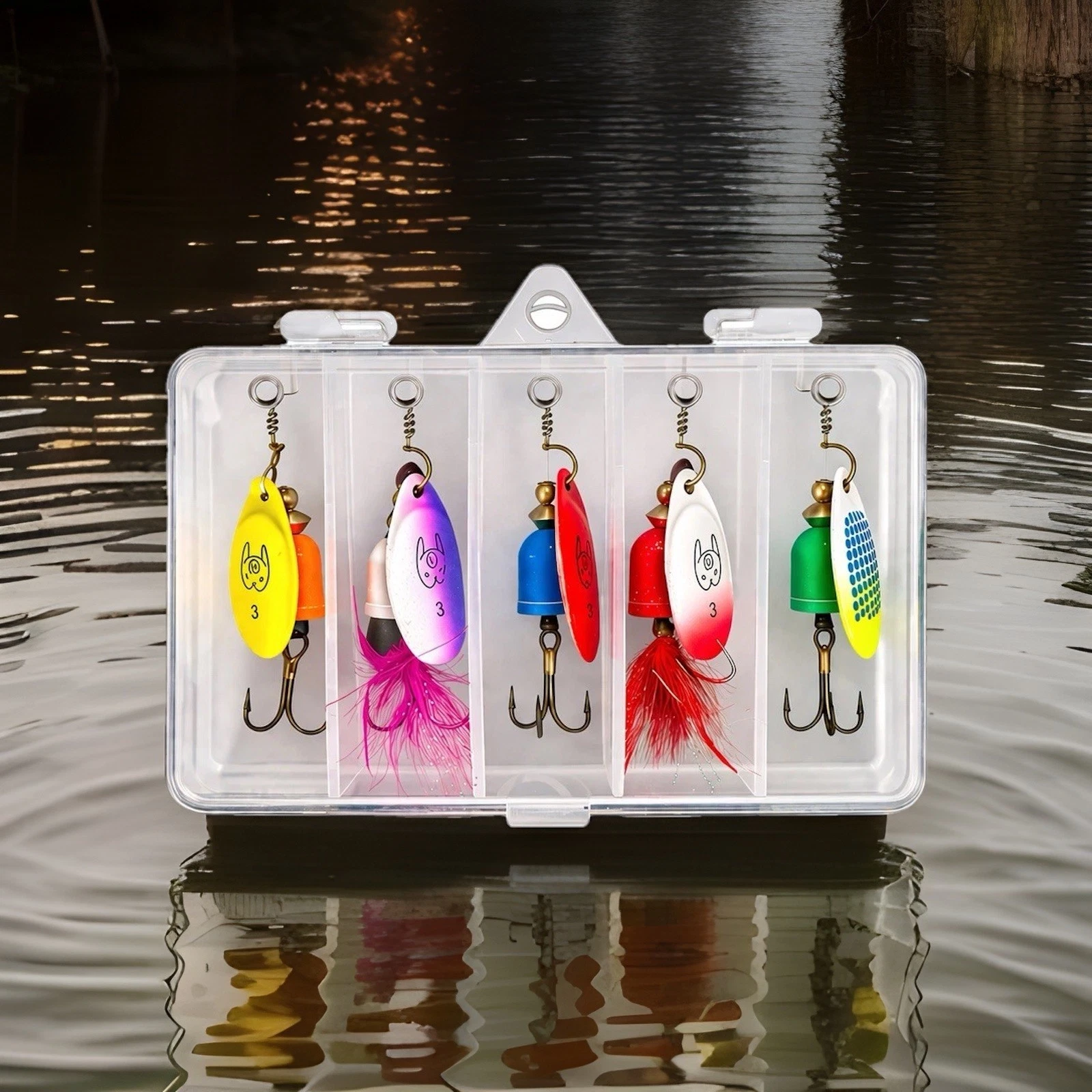 5pc Inline Spinner Fishing Lure Kit w/ Box - Rooster Tail Bluefox Style