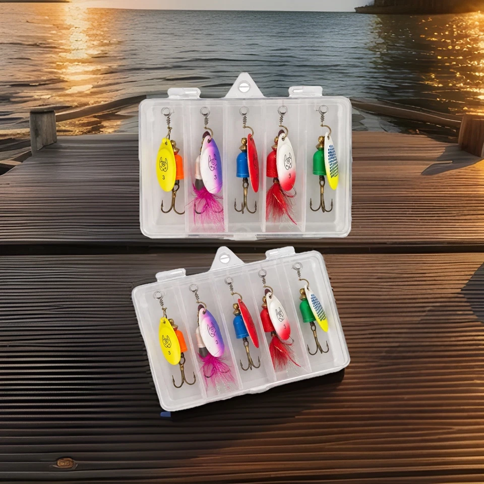 5pc Inline Spinner Fishing Lure Kit w/ Box - Rooster Tail Bluefox Style