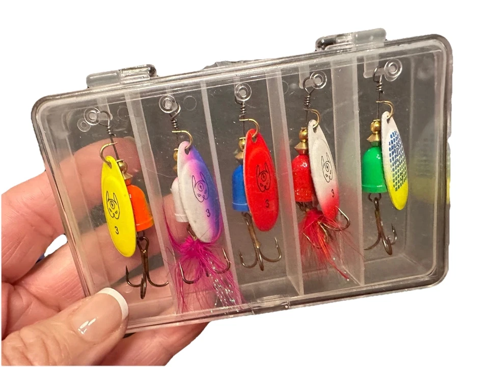 5pc Inline Spinner Fishing Lure Kit w/ Box - Rooster Tail Bluefox Style