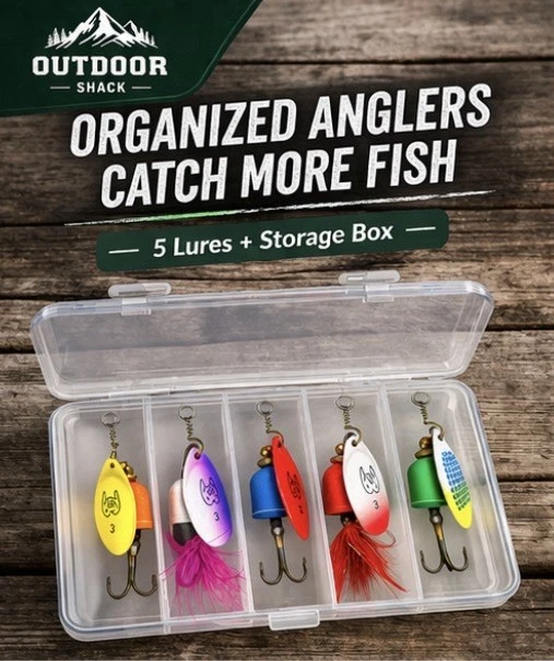 5pc Inline Spinner Fishing Lure Kit w/ Box - Rooster Tail Bluefox Style