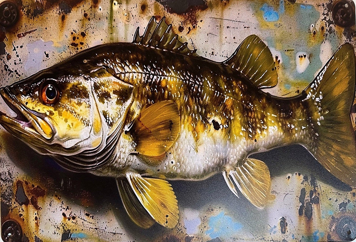 Rustic Bass Portrait — Fishing Tin Sign (8" × 11.75")