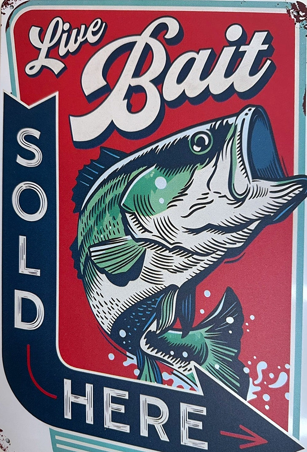 Live Bait Sold Here — Fishing Tin Sign (8" × 11.75")