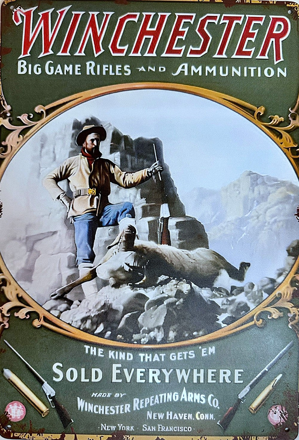 Big Game Rifles and Ammunition — Winchester Tin Sign (8" × 11.75")