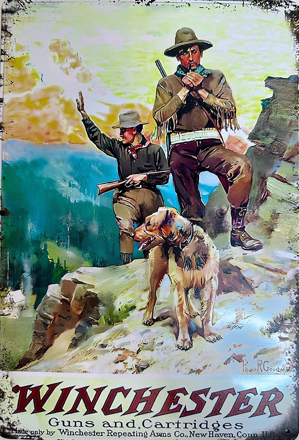 Guns and Cartridges — Hunters & Dog — Winchester Tin Sign (8" × 11.75")