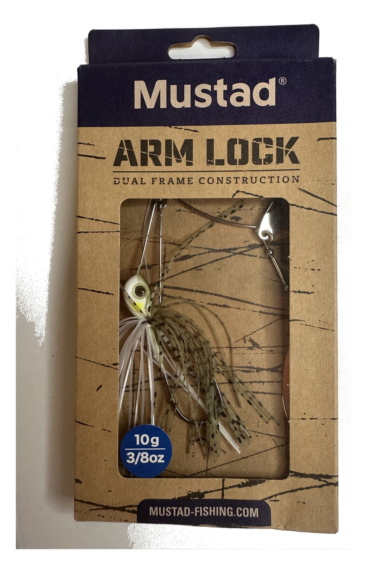 Mustad Arm Lock Spinnerbait 3/8 oz Ayu - box front, flat lay