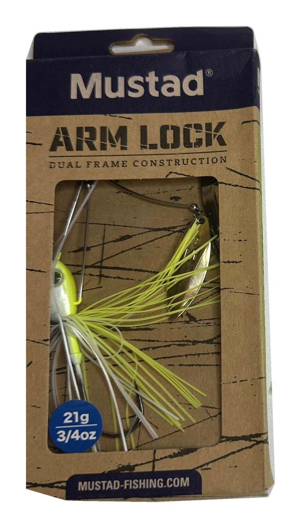 Mustad Arm Lock Spinnerbait 3/4 oz in its retail package - front of package - Chartreuse/White