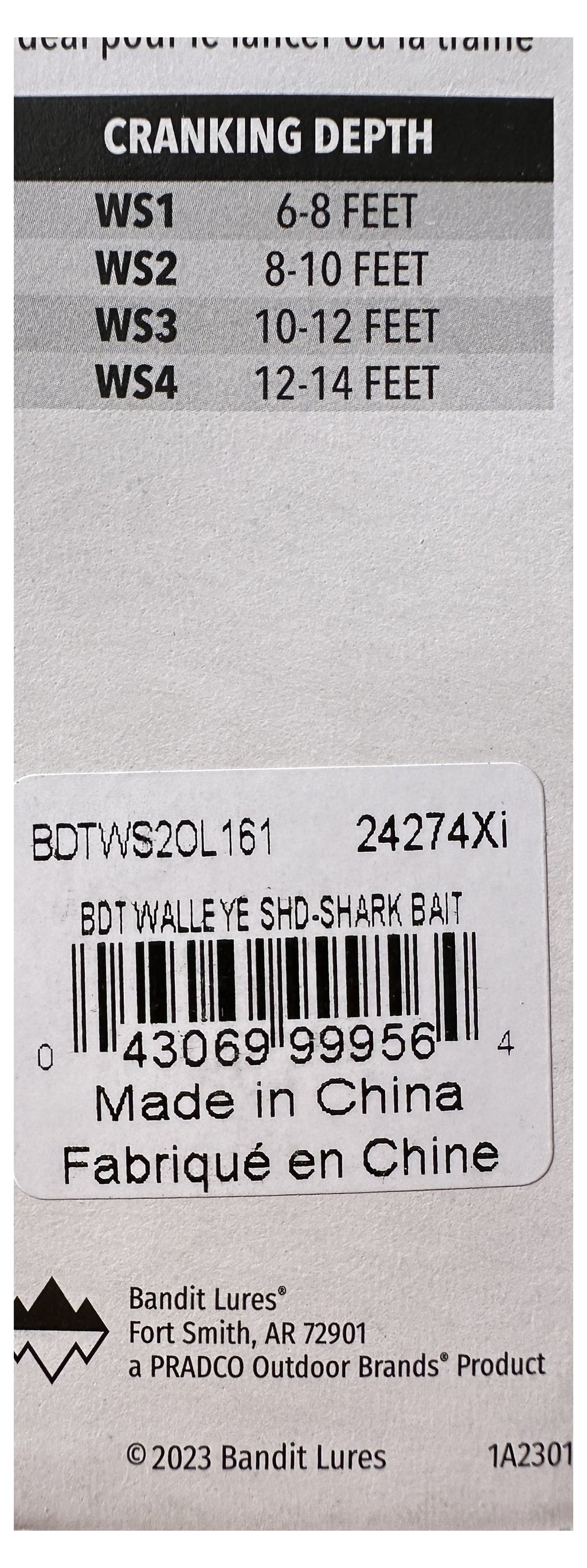 Bandit Walleye Shad WS2 card back detail - depth chart and barcode close-up