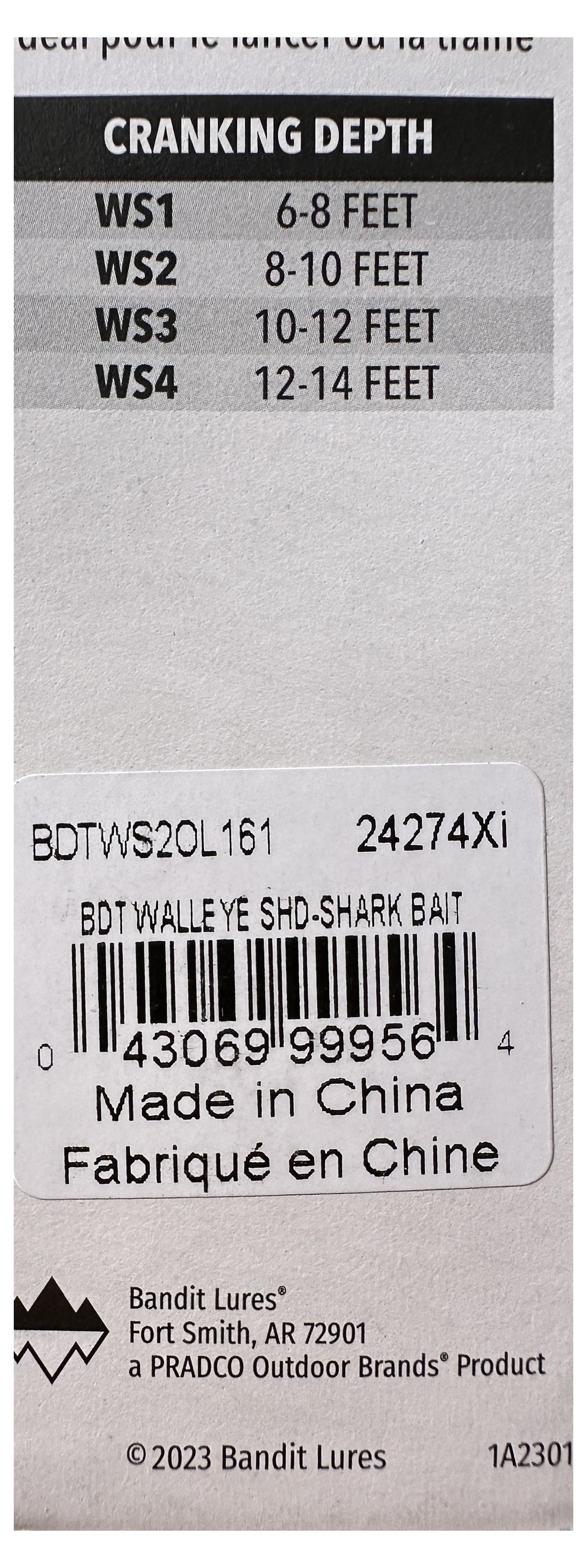 Bandit Walleye Shad WS2 card back detail - depth chart and barcode close-up