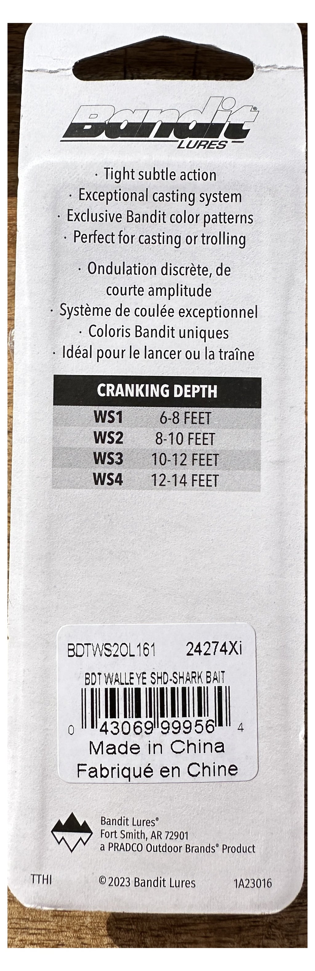 Bandit Walleye Shad WS2 card back - cranking depth chart, barcode BDTWS2OL161
