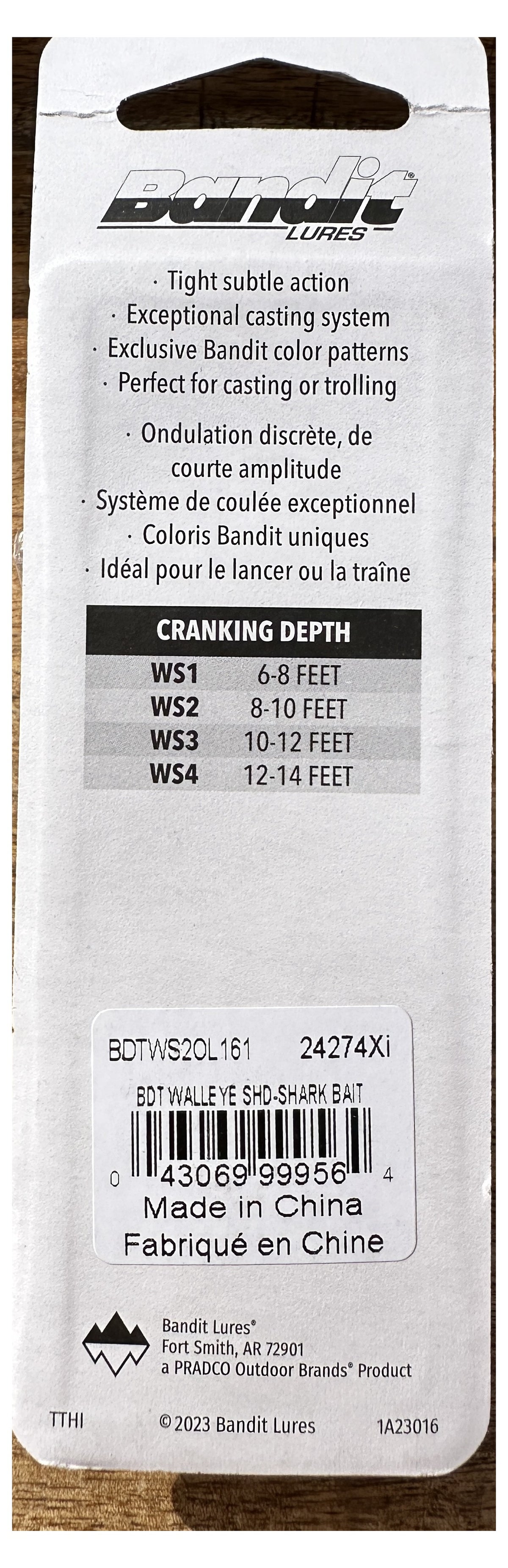 Bandit Walleye Shad WS2 card back - cranking depth chart, barcode BDTWS2OL161
