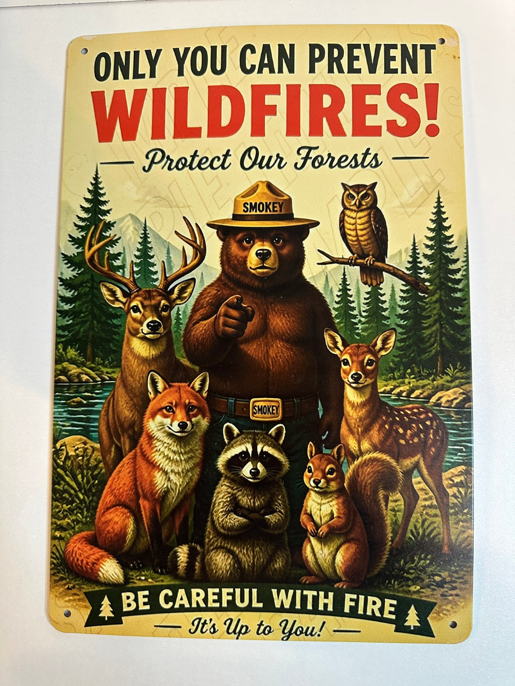 Smokey Be Careful With Fire Tin Sign — BENT (Discounted)