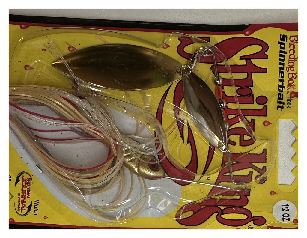 Strike King Bleeding Bait Spinnerbait - front of package close-up detail, blades and skirt