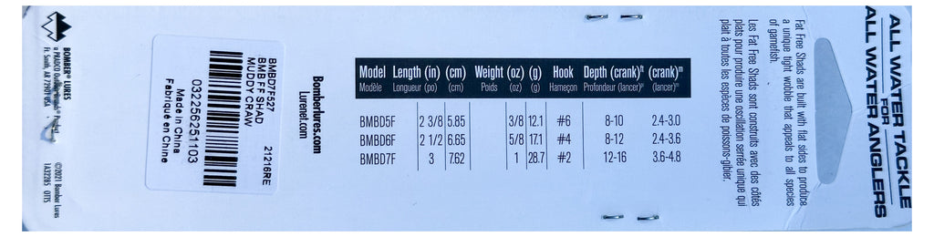Bomber Fat Free Shad card back - model chart, barcode BMBD7F527 Muddy Craw