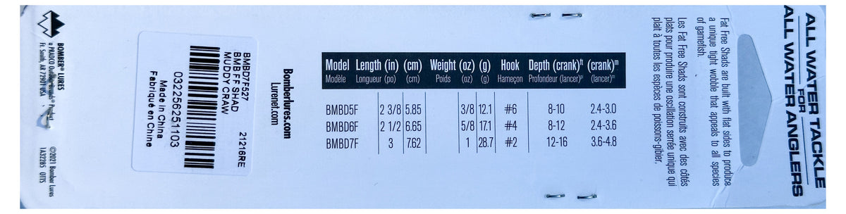 Bomber Fat Free Shad card back - model chart, barcode BMBD7F527 Muddy Craw