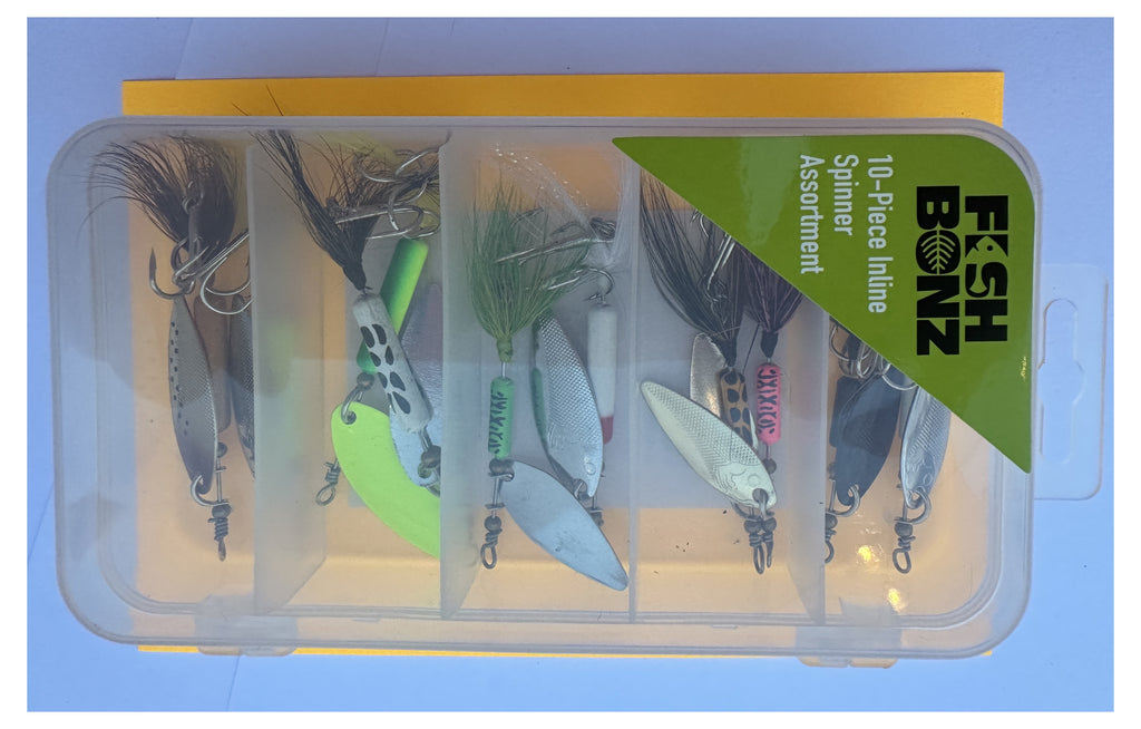 Fish Bonz 10-Piece Inline Spinner Assortment - closed box front, alternate view