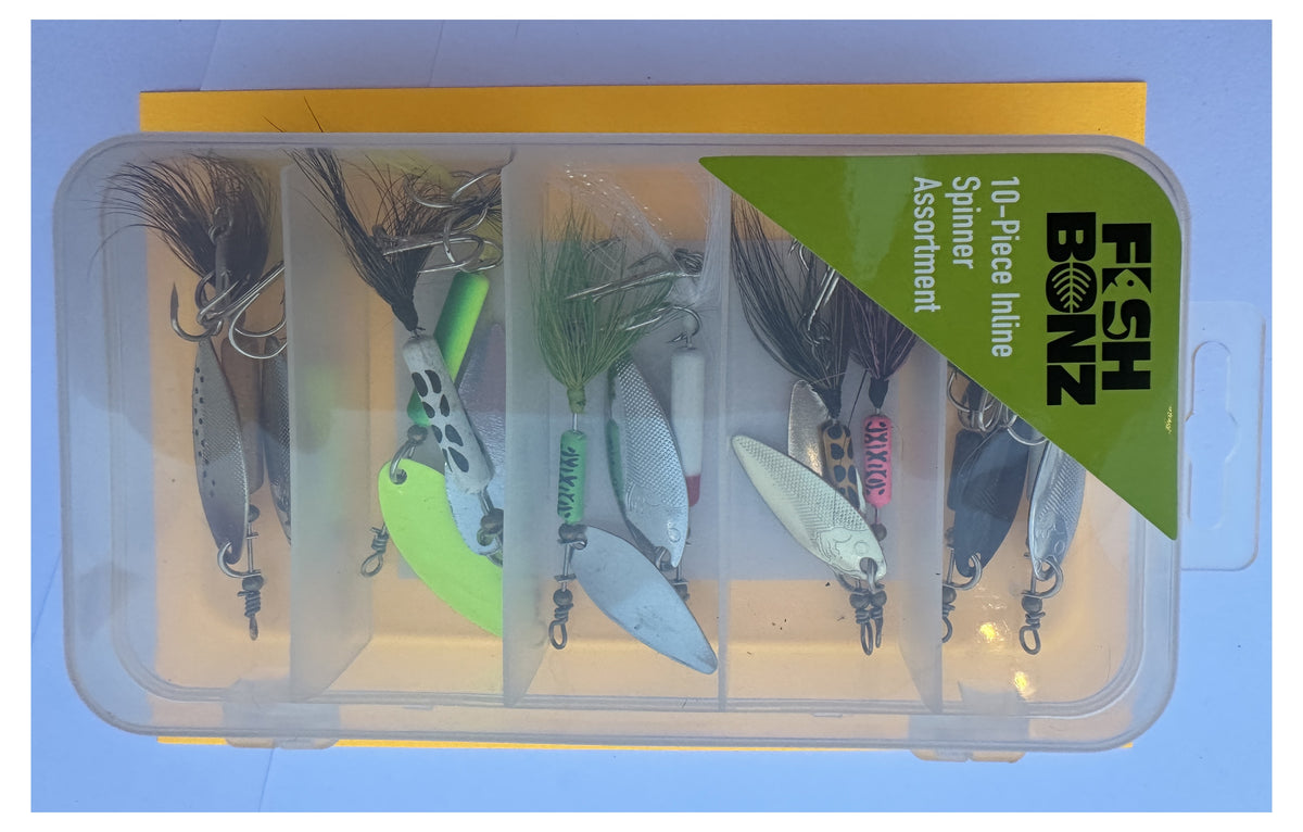Fish Bonz 10-Piece Inline Spinner Assortment - closed box front, alternate view