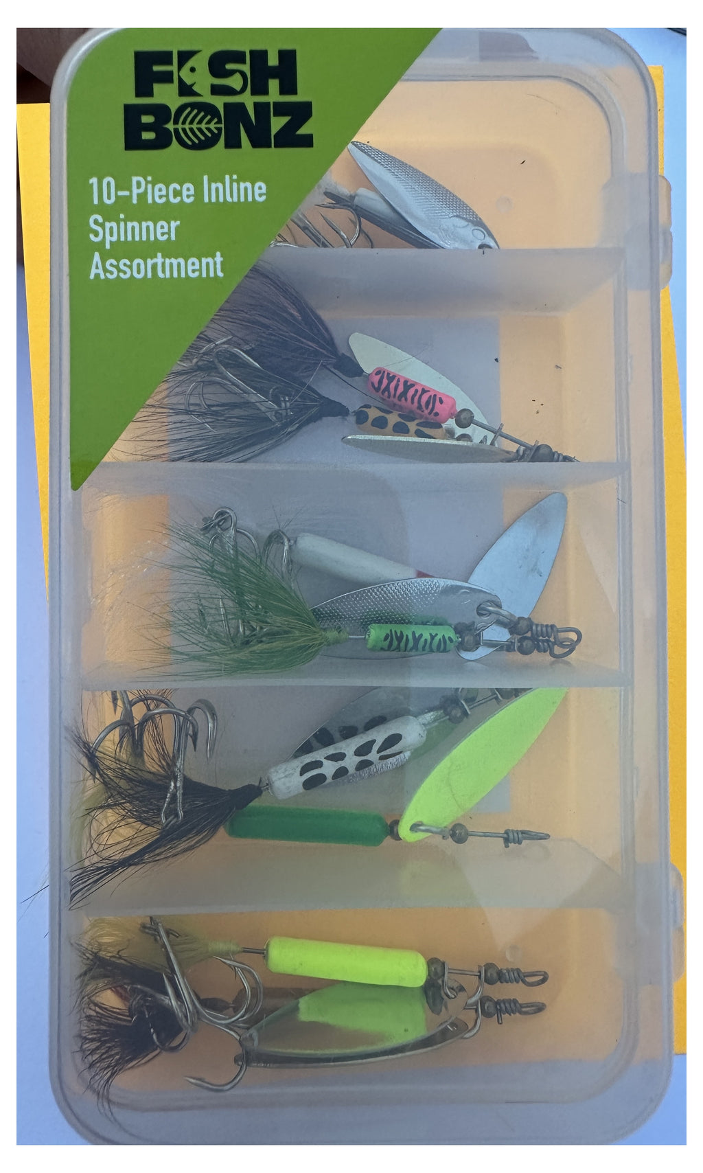 Fish Bonz 10-Piece Inline Spinner Assortment - closed box front