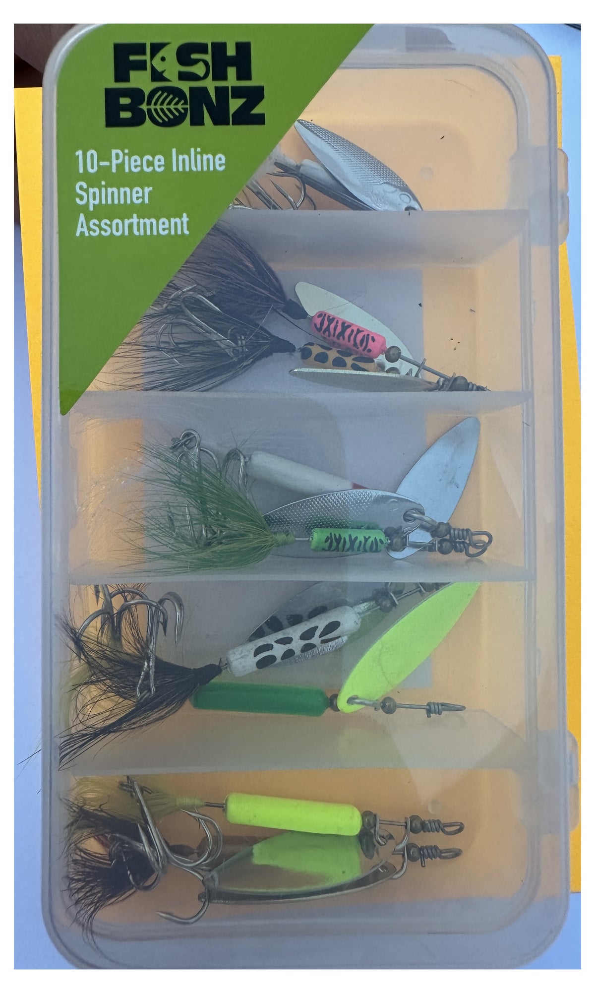 Fish Bonz 10-Piece Inline Spinner Assortment - closed box front