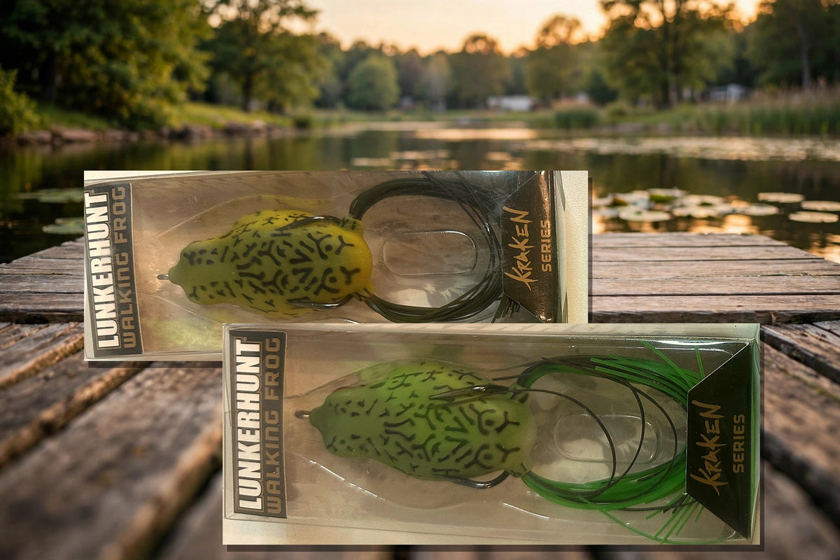 Lunkerhunt Walking Frog packages on a dock by a lily pad lake