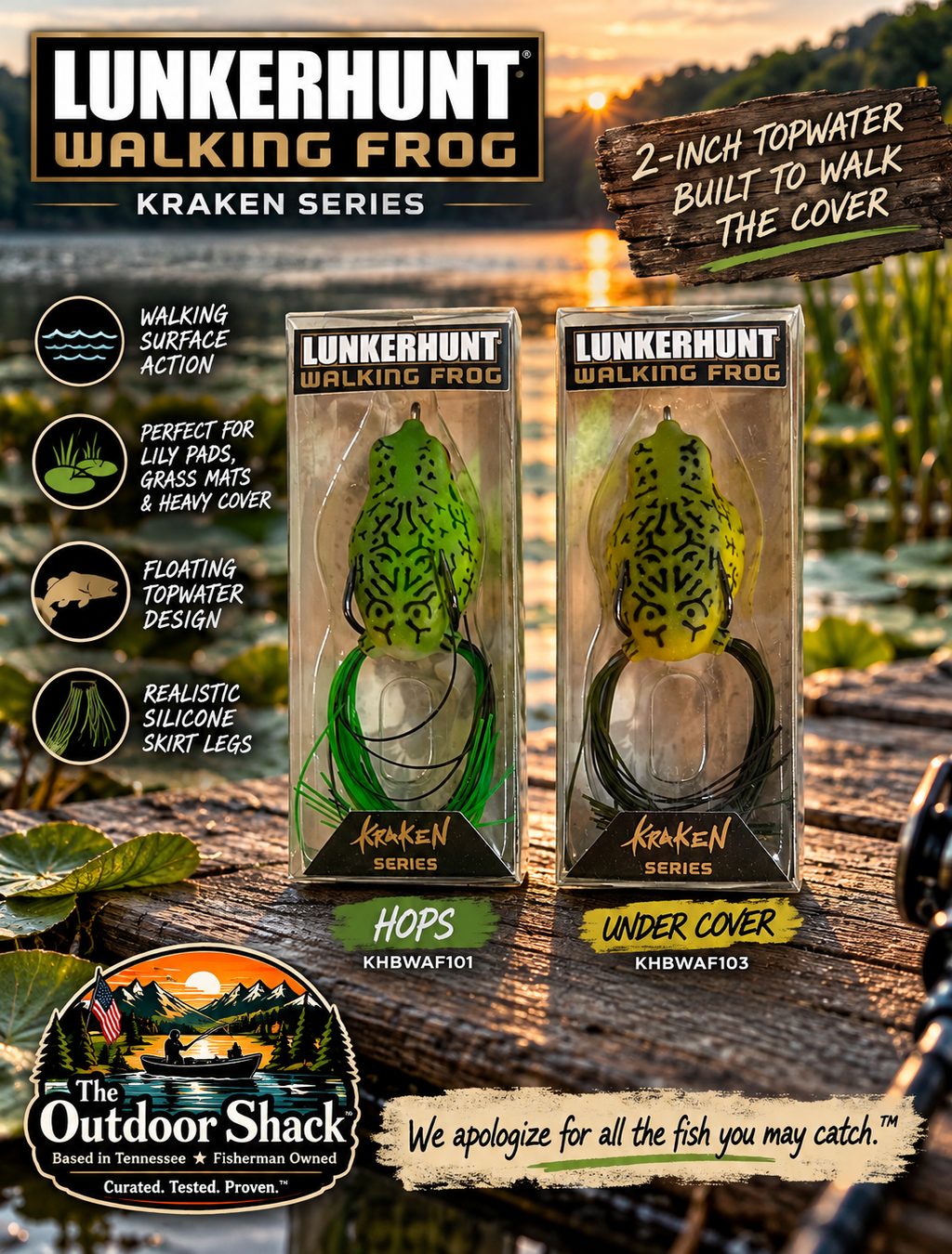 Lunkerhunt Kraken Series Walking Frog — Hops and Under Cover, sunset dock showcase