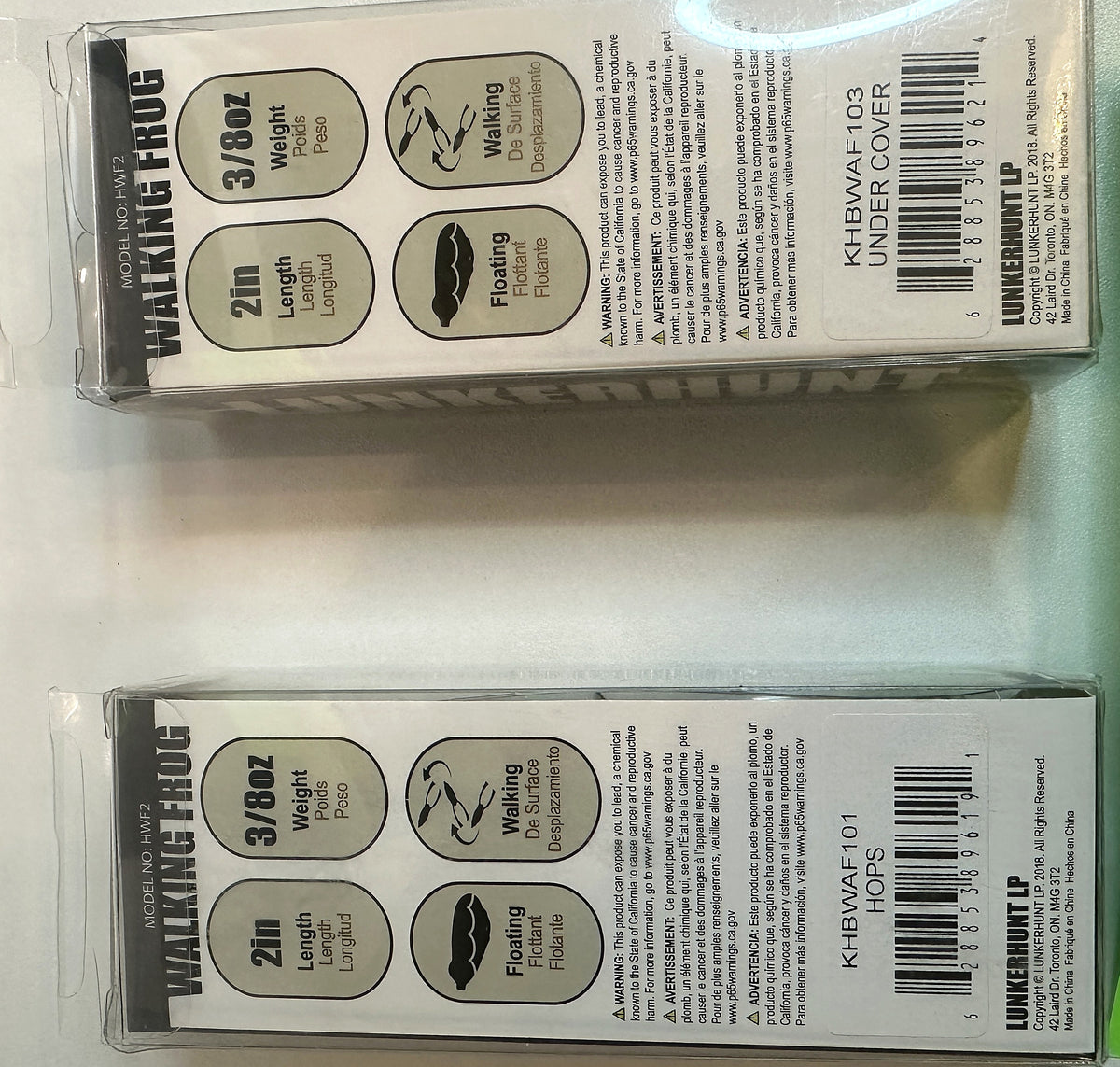Back of package — specs: 2 inch, 3/8 oz, floating walking topwater, model numbers and barcodes